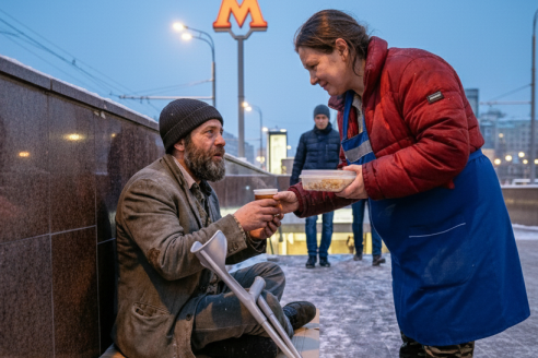 Беременная уборщица полгода кормила бездомного у метро, а когда её выгнали на мороз, он молча привез её в «трешку» и показал погоны