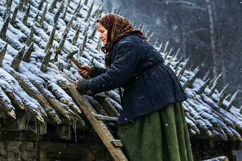 Пожилая женщина провела все лето и осень, устанавливая острые деревянные шесты на крыше своего дома. Соседи улыбались — до наступления зимы.