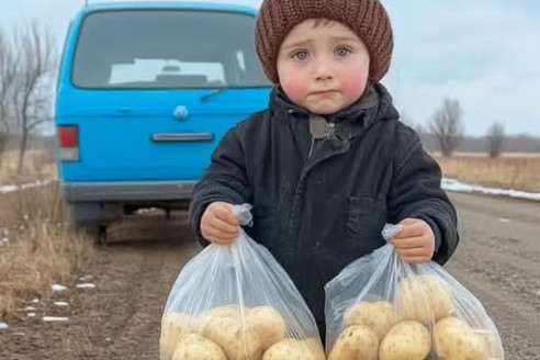 Четырёхлетний мальчик стоял один на морозе, держа в руках два мешка картошки