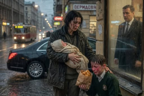 Скромная мать помогает плачущему ребёнку, неся на руках собственного сына