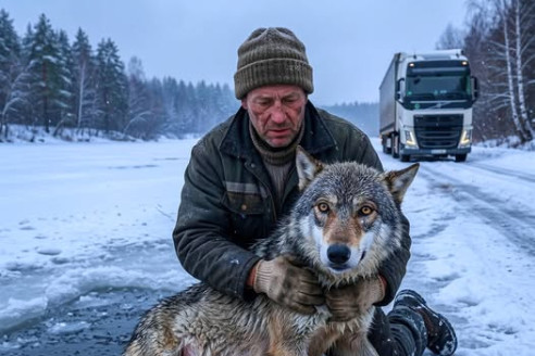 Не раздумывая ни секунды, дальнобойщик вытащил из ледяной воды беременную волчицу!
