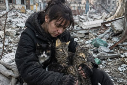 Она не пыталась выбраться из руин — каждый раз, когда кто-то звал её уходить, она только крепче прижимала кошек к себе.